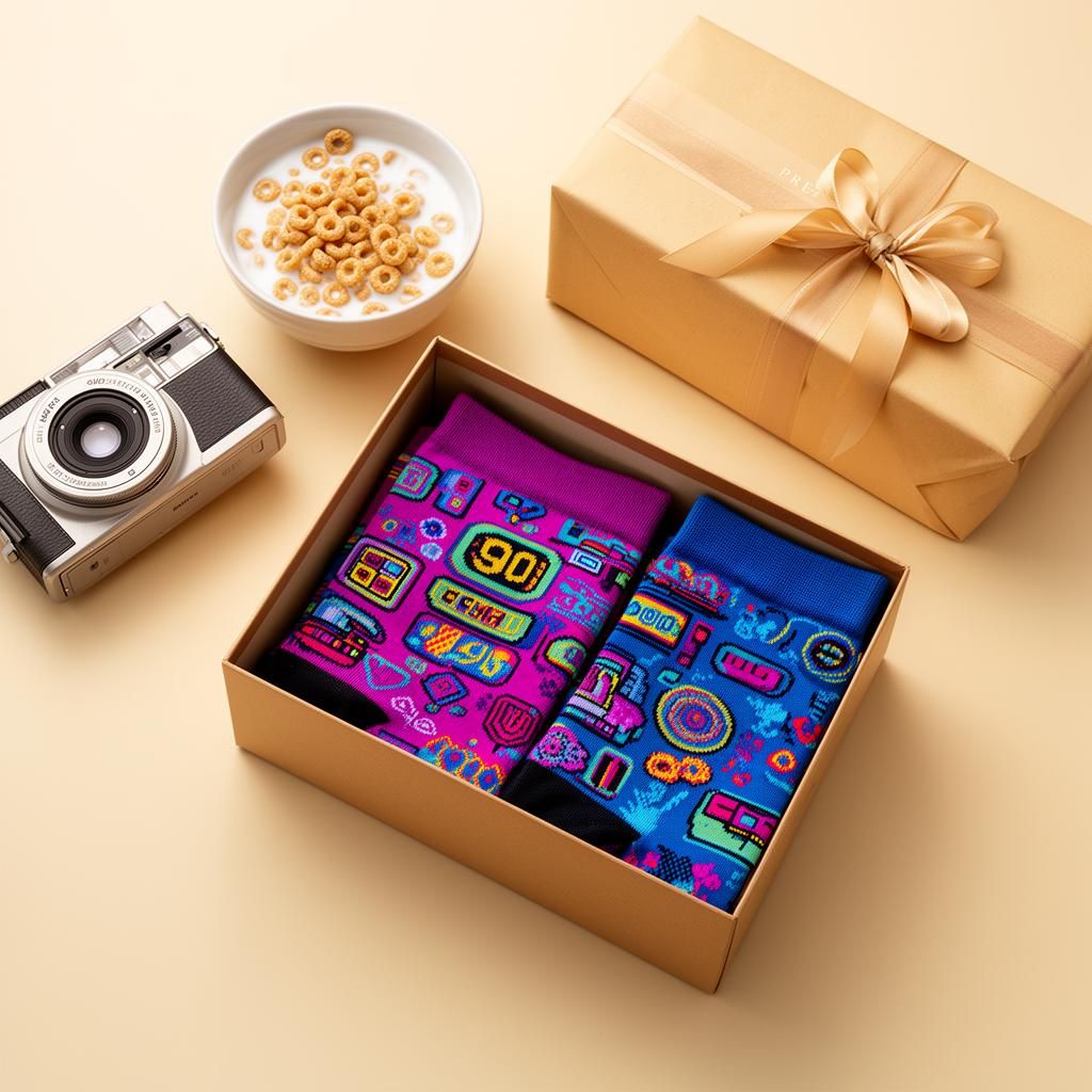 Flatlay of opened sock gift box with retro nostalgic items