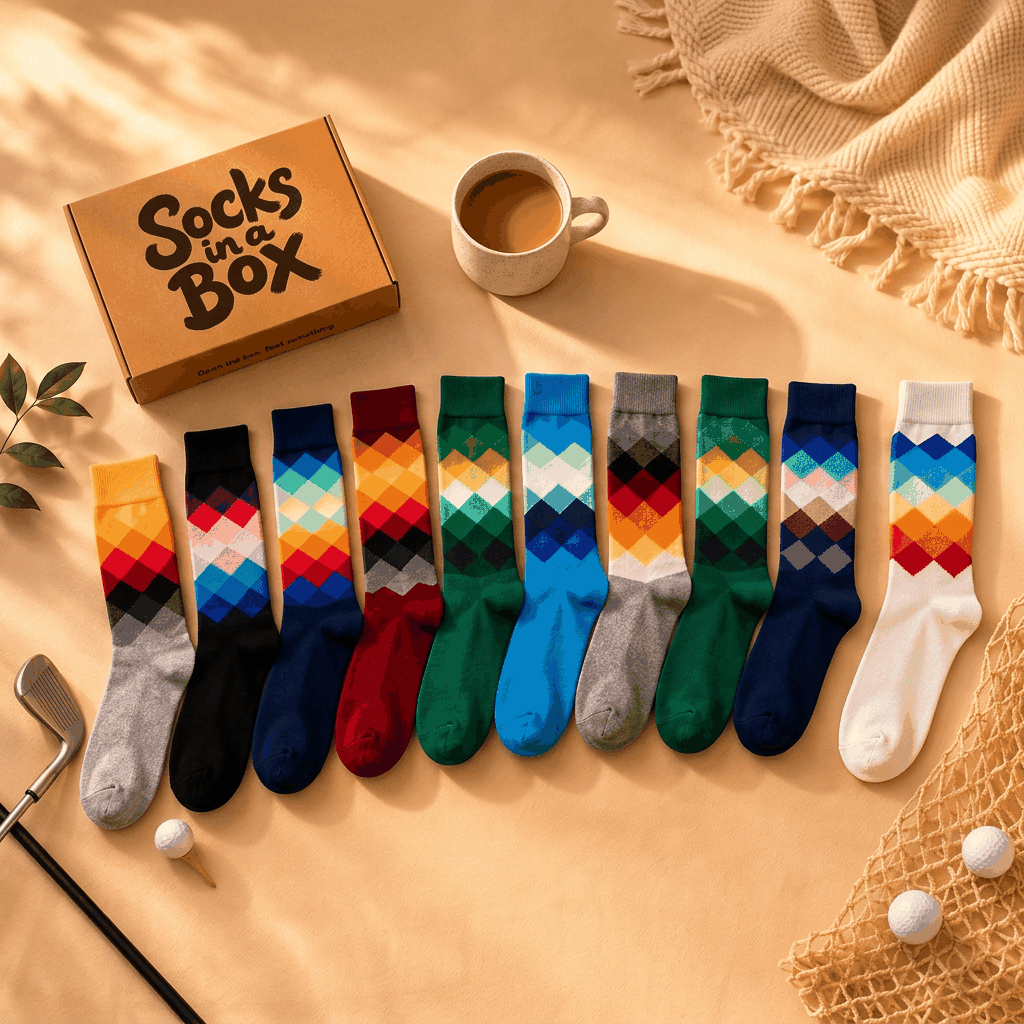 Diamonds Socks Box with all ten pairs of patterned socks laid out