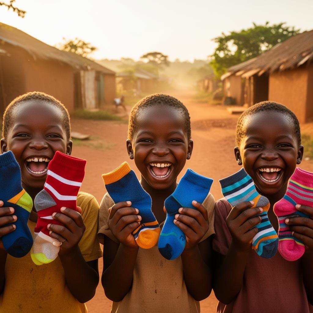 A child smiling while receiving a fresh pair of donated socks