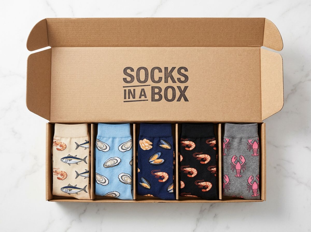 Seafood Socks Box opened with rolled sock pairs inside